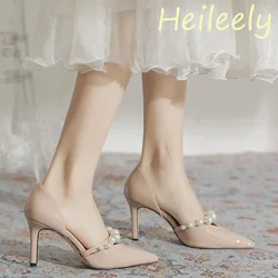 8cm Heels Women Luxury Patent Leather Sandals with Beading High Heels Female Pointed Toe Party for Women Shoes 38 39