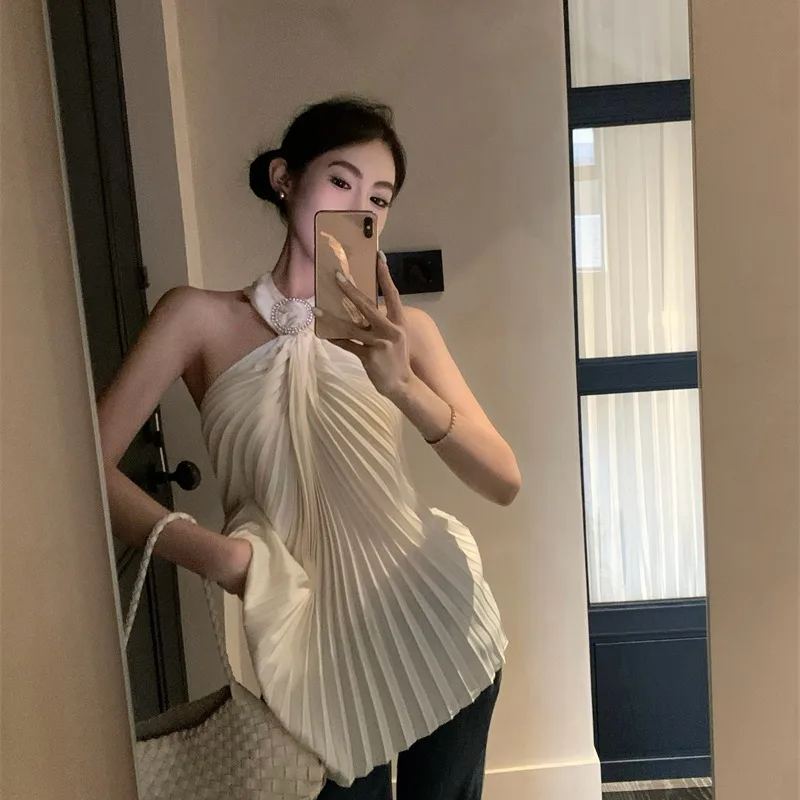 純粋な欲望セクシーガール豪華な装飾プリーツダイヤモンドサテンサマー新作肩出しストラップトップ女性用
