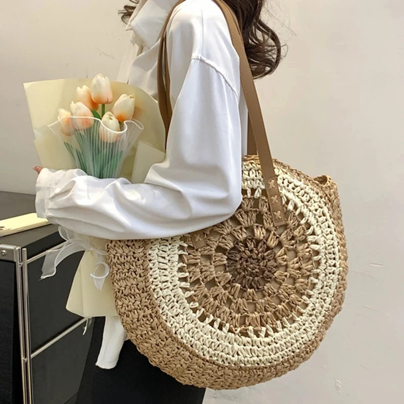 Straw Crochet Round Shoulder New Single Shoulder Women's Bag Beach Fashionable Simple Leisure Travel Handbag Totes