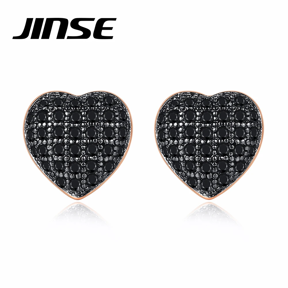 JINSE Trendy Cubic Zirconia Stunning Earrings Stylish Design Black Heart Shape Studs for Women Men Party Decoration Jewelry Gift