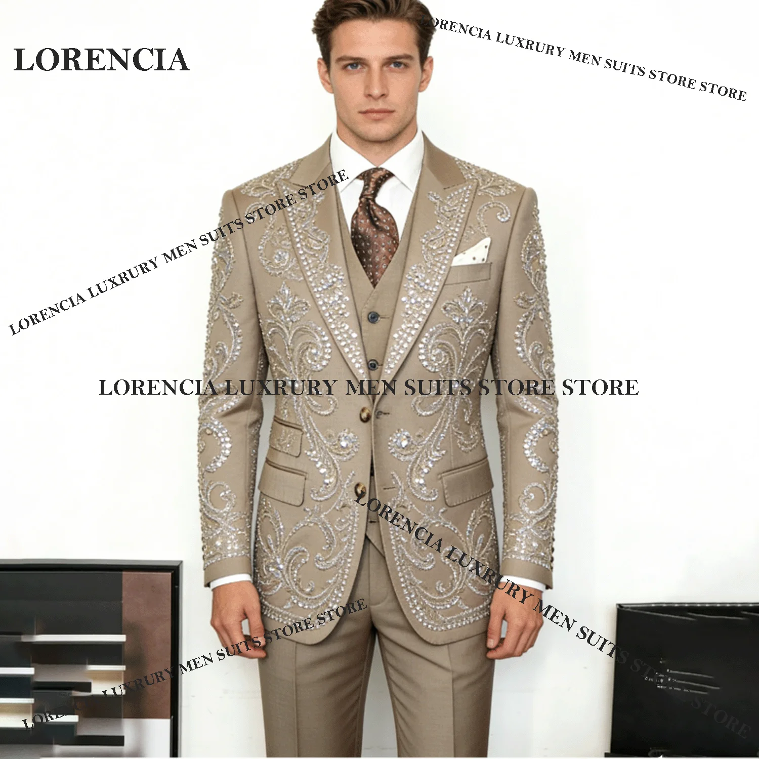 

Intricate Crystal Sequin Men Wedding Luxury Suits 3 Pieces Sets Customized Groom Male Party Blazers Slim Fit Tuxedos Ropa hombre