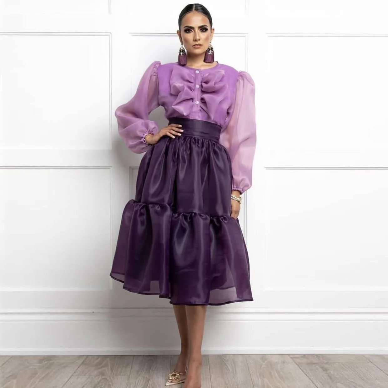 Trendy Purple Organza Skirt Women 2022 Pleated Midi Skirt Knee Length Zipper Waist Ladies Skirts Customized Any Color Size Free