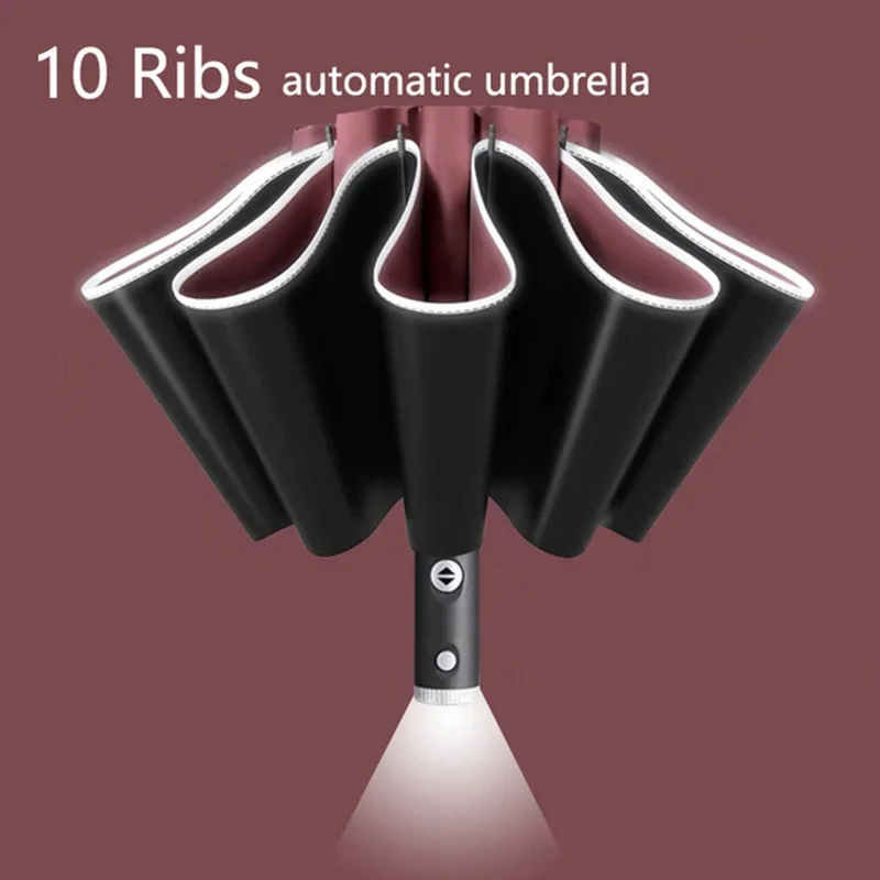 

Fully Automatic UV Umbrella With LED Flashlight Reflective Stripe Reverse Large Umbrellas For Rain Sun Heat Insulation Parasol