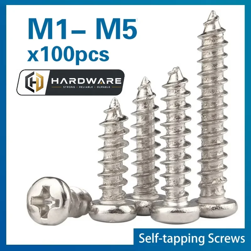 100pcs/Lot Nickel-Plated Carbon Steel Cross Recessed Round Head  Self-Tapping Screw M1 M1.2 M1.4 M1.7 M2 M3 M4 M5