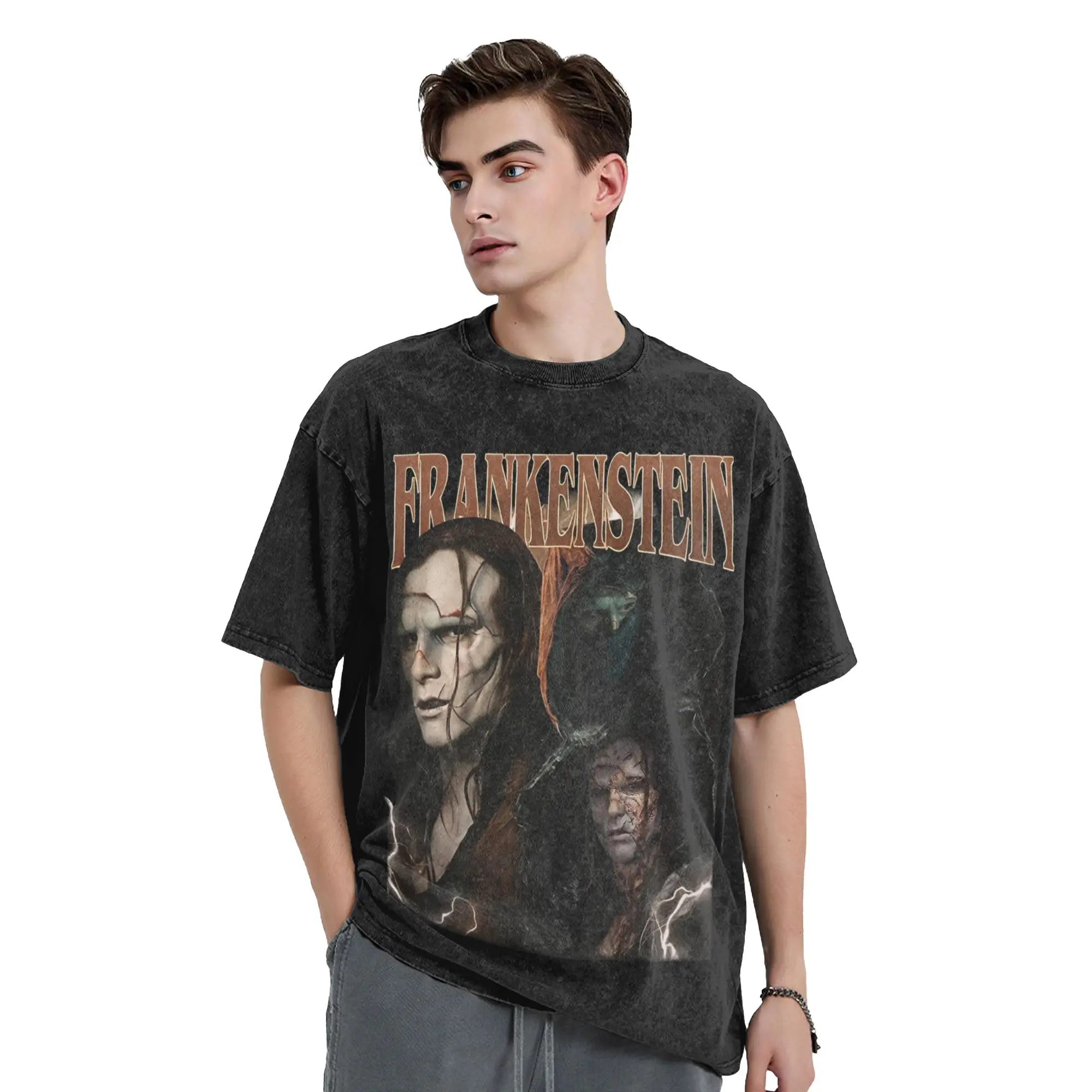 فرانكنشتاين فيلم 2025 تي شيرت مغسول عتيق هاراجوكو للرجال والنساء تي شيرت فضفاض 100% قطن #4