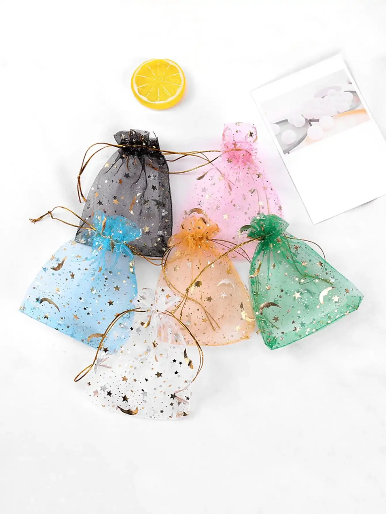 100PCS - Mesh Bag Cosmetic Bag Hot Stamped Star Moon Bundle Mouth Drawstring Bag Eugen Yarn Bag Gift Candy Bag