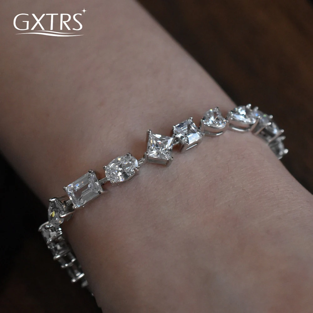 

GXTRS Luxury Full Moissanite Tennis Bracelet For Women S925 Silver Pear/Square/Heart Cut Diamond Hand Chain Wedding Gift Jewelry