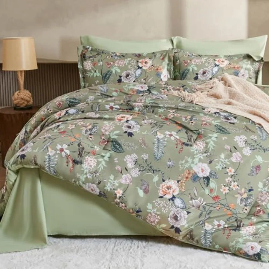 

7 Pcs Comforter Set Butterfly Floral Comforter Set with Flowers Leaves Pattern Soft Microfiber Complete Bedding Set for All Sea