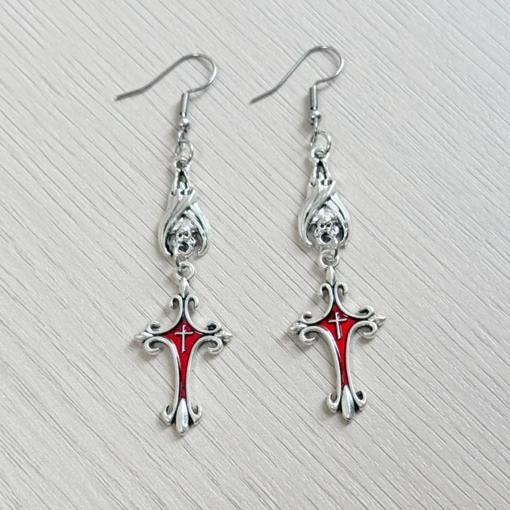 Trendy Gothic Sliver Color Vampire Bat Red Drip Glazed Cross Dangle Earrings for Women Halloween Party Stainless Steel Jewelry