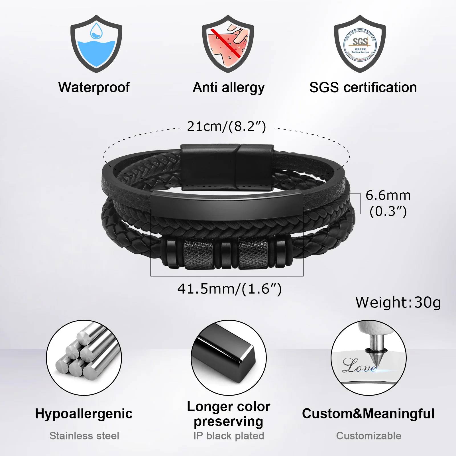 Vnox-Braceletes de couro PU preto para homens, pulseira de couro, pulseira de aço inoxidável personalizada grátis, presente para ele, 3 camadas