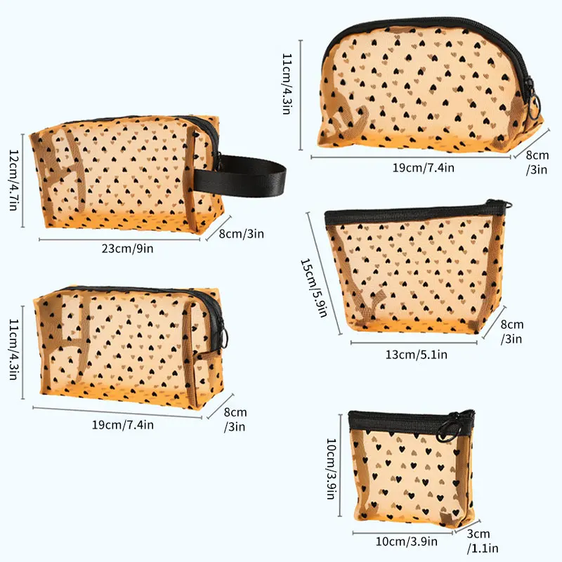 5PCS Love Mesh Cosmetic Bag Portable Travelling Wash Storage Bag Large Capacity Fashion Cosmetic Bag