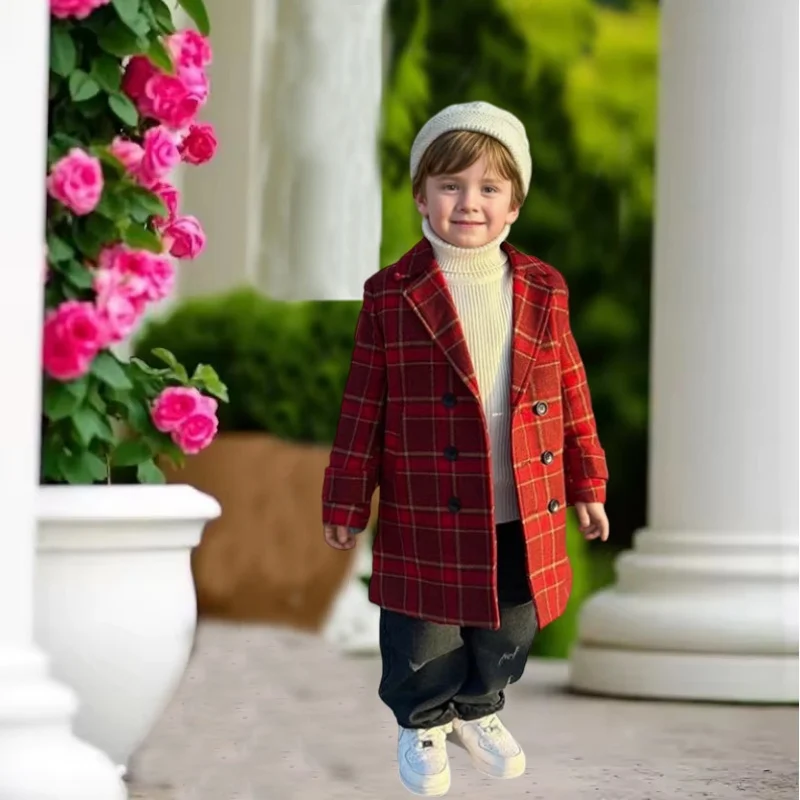 

Зимнее толстое теплое шерстяное пальто в клетку в стиле ретро для мальчиков и девочек от 2 до 11 лет, шерстяное пальто для школьников, детская ветрозащитная уличная куртка