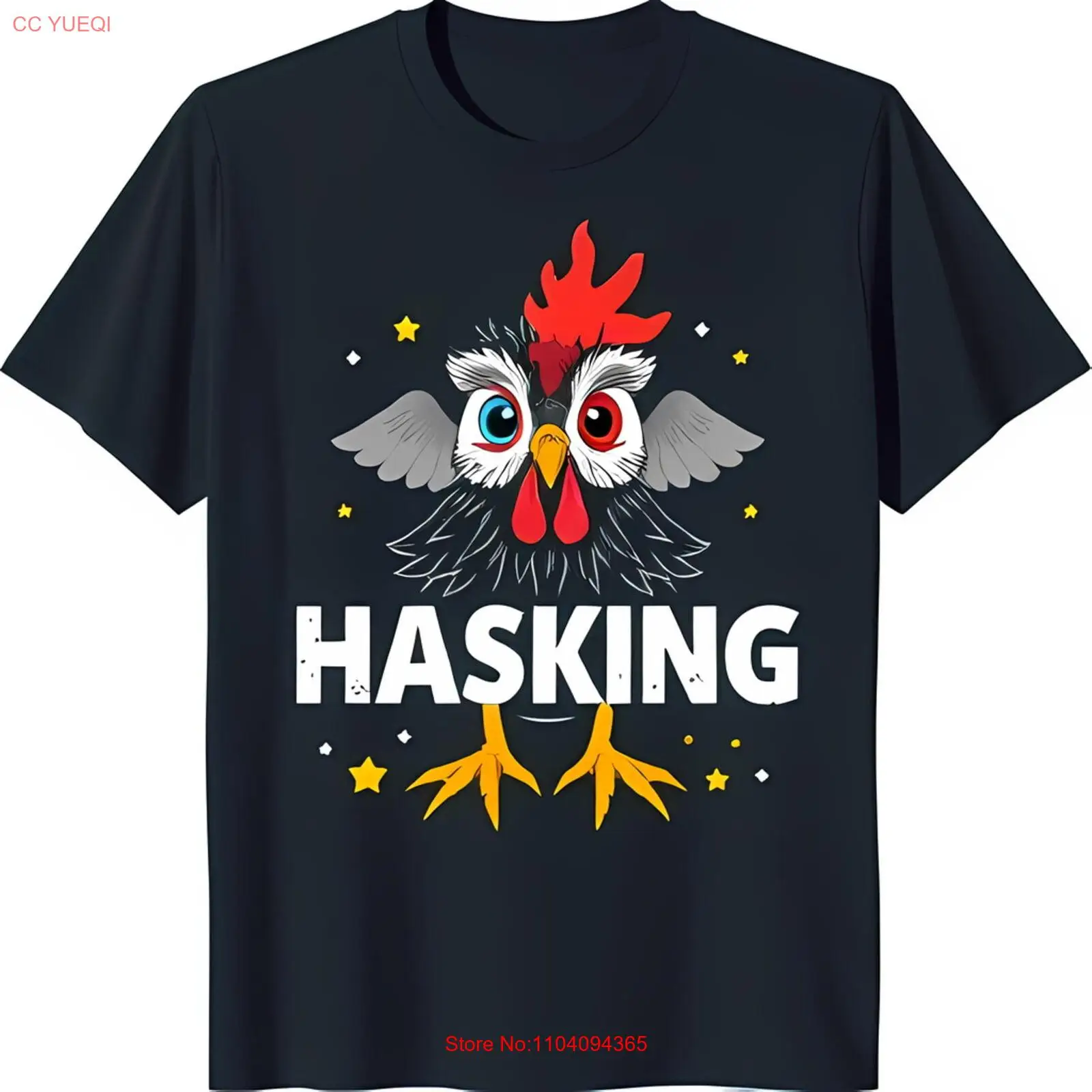 

Черная футболка с забавным рисунком петуха и принтом «HASKING» со звездным узором