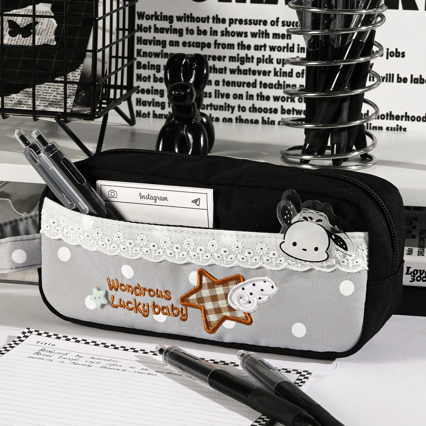 Aesthetic Pen Bag Lace Splicing Star Letter Embroidery Large Capacity Pencil Case Soft Stationery Bag for Student Daily Study