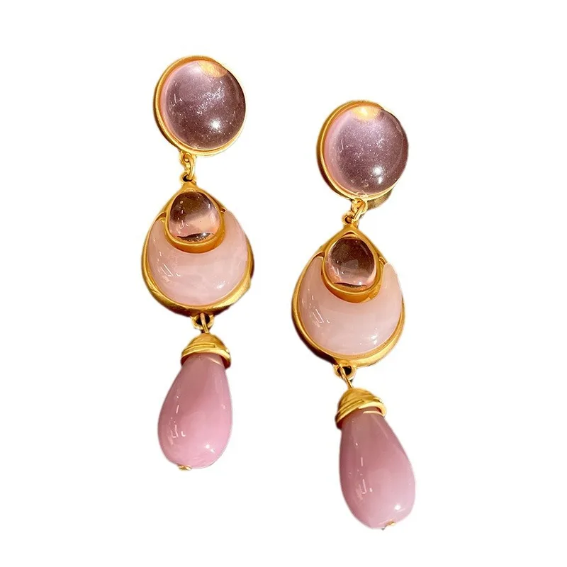 women antique pink crystal contrasting color earrings retro water drop dangle earrings