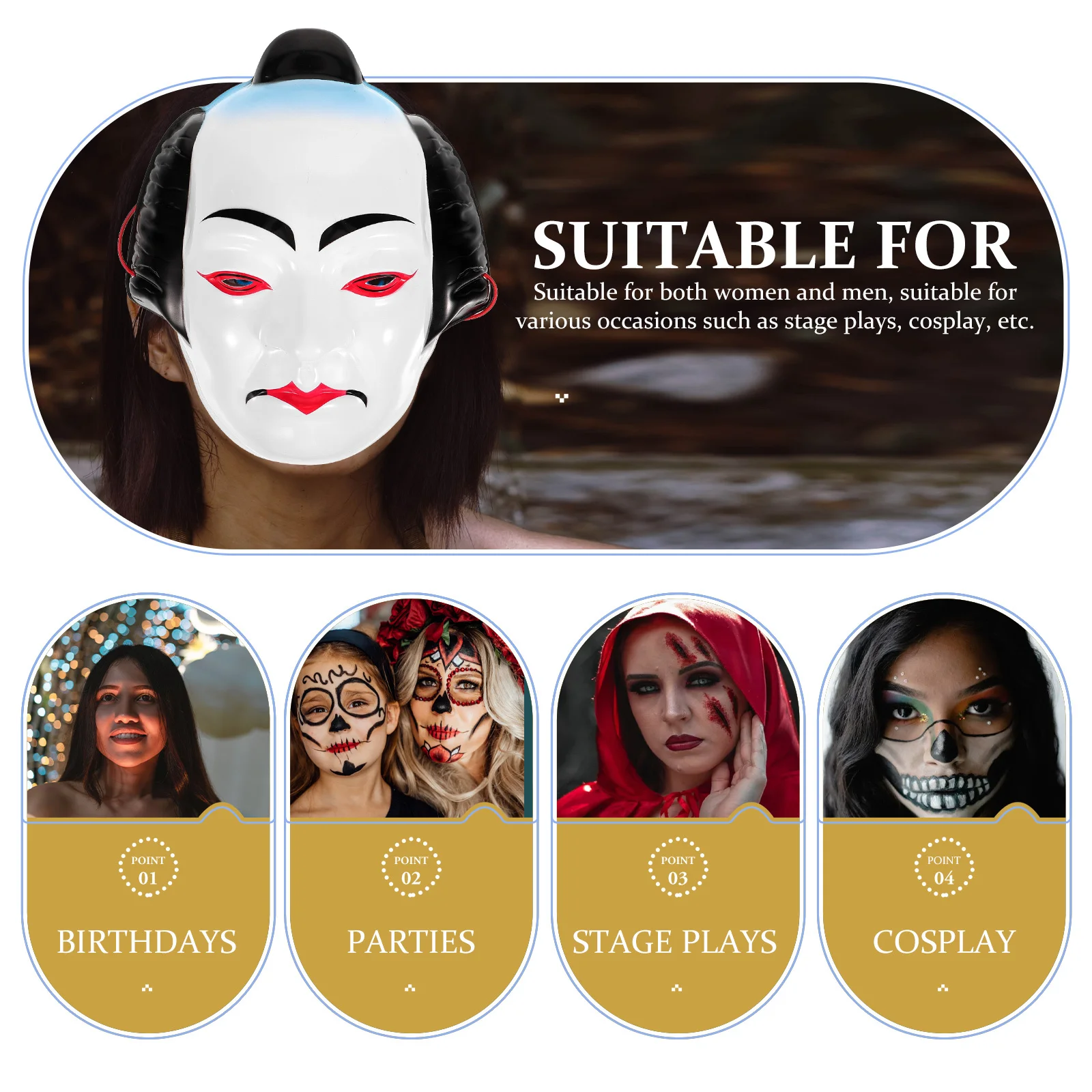 

Japanese Cosplay Mask Durable Plastic Traditional Drama Styled Mask for Cosplay Costume Party Supplies Party Favors