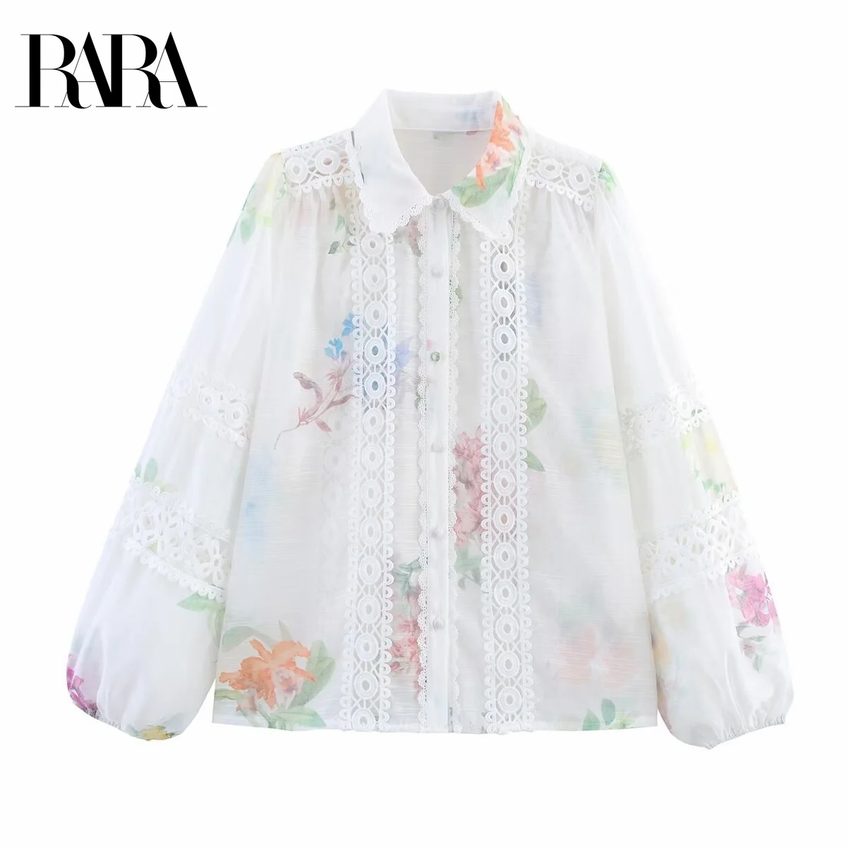 

RARA2025 New Women's Clothing European and American Style Temperament Chiffon Floral Retro Print Contrast Color Hollow Shirt