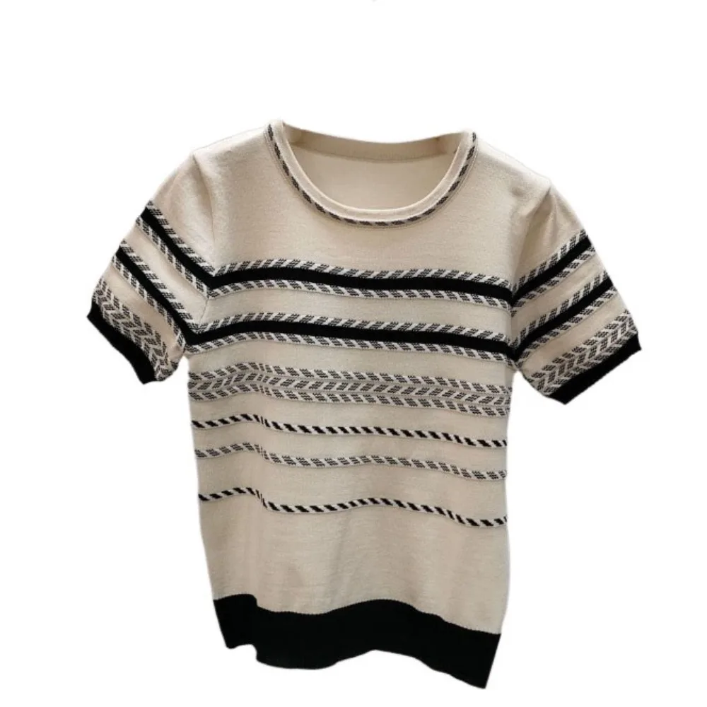 

Stylish Ins Short Sleeve Crop Top Loose Female Clothing Stripe Knitted T-shirt Bottoming Shirt Summer Knitwear Women Female