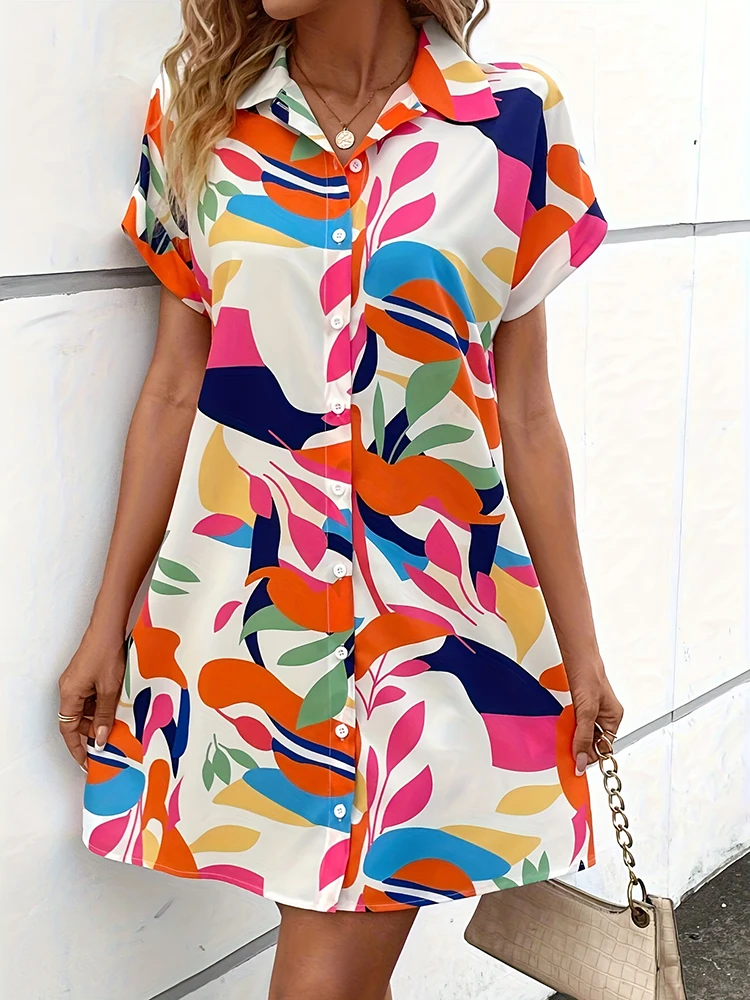

Summer Casual Loose Comfortable Elegant Women's Short-sleeved Dress Multi-color Printed Shirt Dress Urban Fashion Shirt Dress