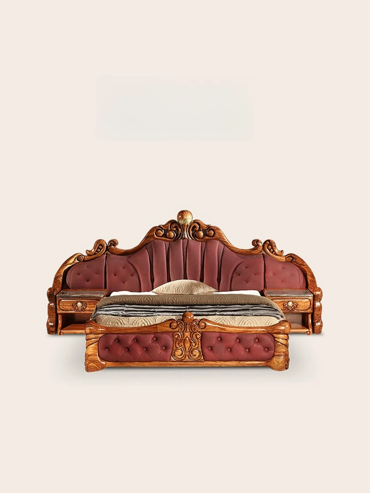 European ebony solid wood leather double bed, villa large apartment high-end master bedroom furniture