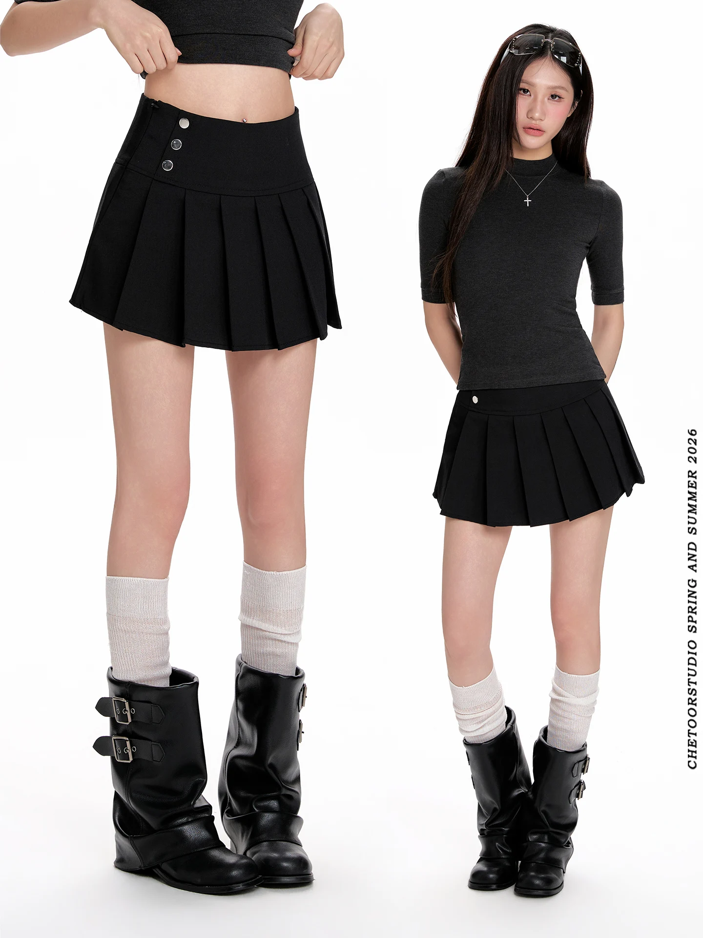 

Черная плиссированная юбка с высокой талией, женская, А-силуэт, утягивающая, непрозрачная, сексуальная, средней длины, модная, в студенческом стиле