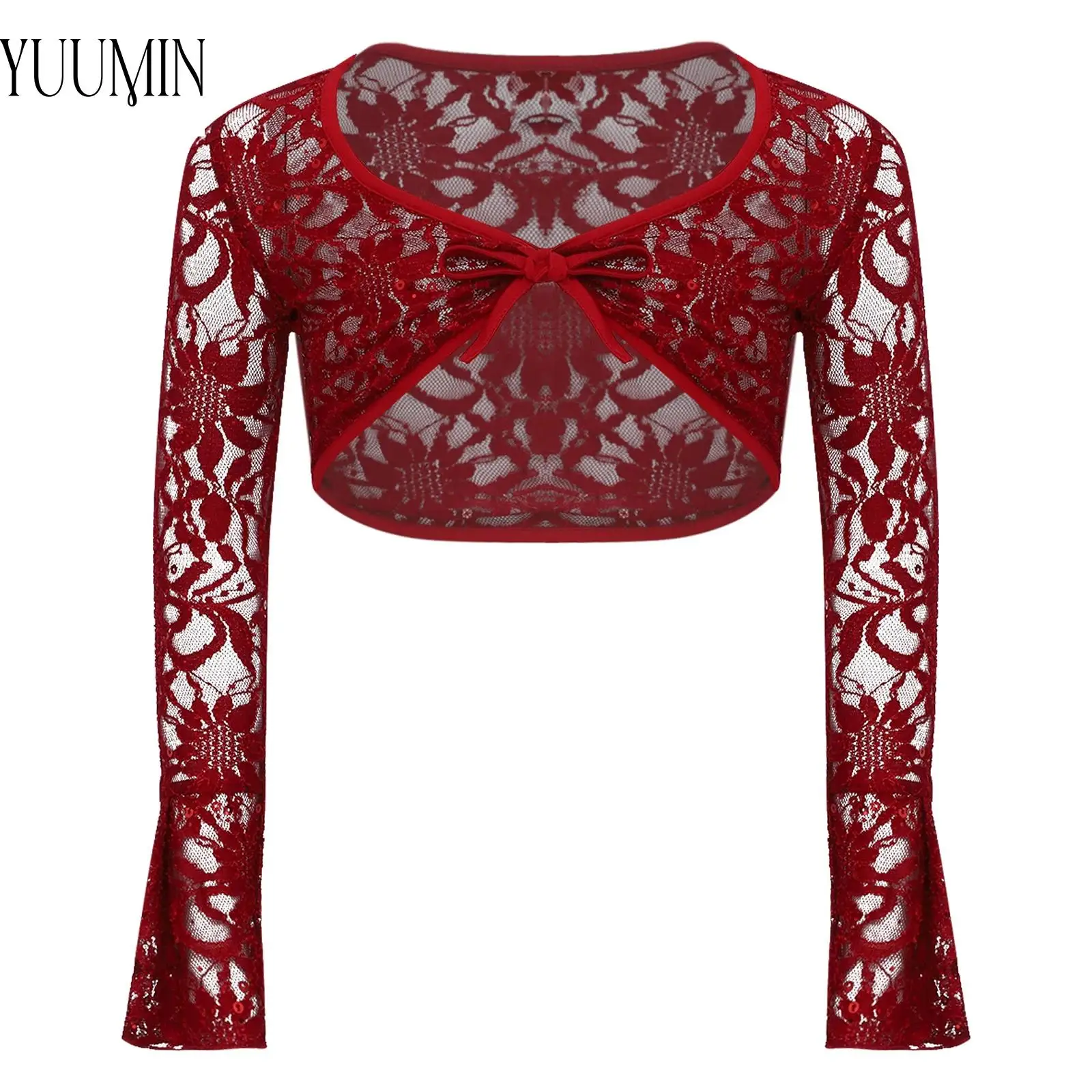 

Kids Girls Floral Lace Lyrical Dancing Short Shrug Long Sleeve Elegant Outwear Dance Shrug for Dance Class Training Competition