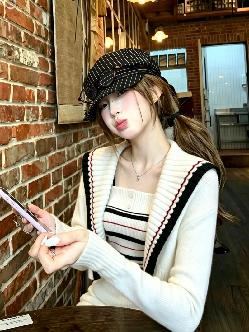 Premium Knitted Long Sleeve Open Cardigan Women's Inner Wear Vest Set Autumn Winter New Style Color Block Stripe Pattern