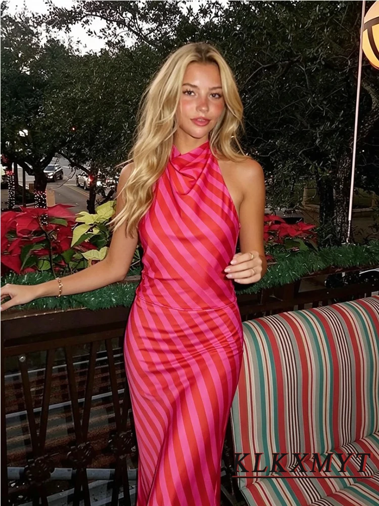 Women Fashion Satin Stripe Sets Sexy Hanging Neck Collar Backless Sleeveless Halter Top+Long Skirts Summer Vacation New 2 Pieces image 4