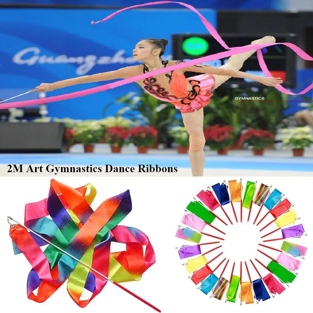 Colorful Artistic Gymnastics Ribbon Rainbow Stick Dance Ribbon 10 Colors 2M Rhythmic Art Training Ballet Streamer Twirling Rod