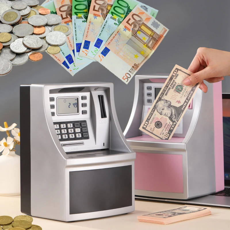 ATM Cash Money Counter Piggy Bank, Accessible Password Safe Large Change Box, Children's Gift, Deposit Machine for Adults