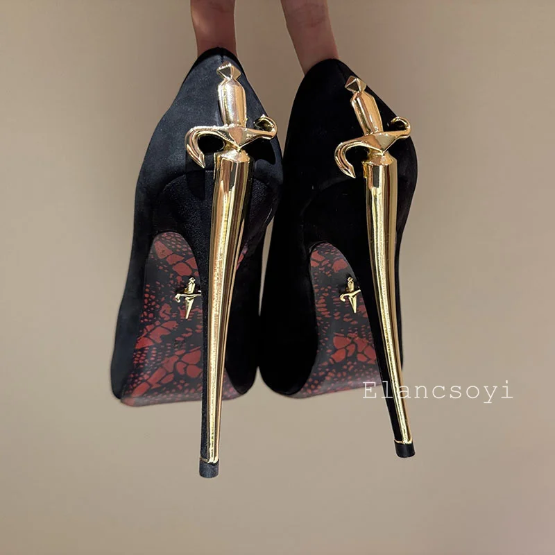Metal Sword Pointed Toe Super High Heels Women Real Leather Pumps Shallow Mouth Single Shoes Spring Sexy Stiletto Runway Shoes view 5