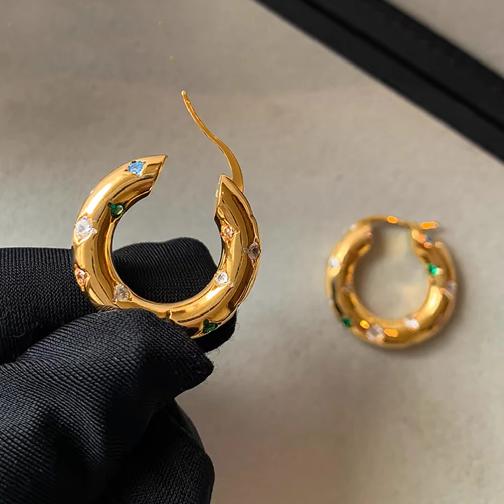 Minimalist Gold Plated Colorful CZ Zircon Circle Huggie Earrings Thin Ear Hoop Cartilage Puncture Earrings Jewelry for Women