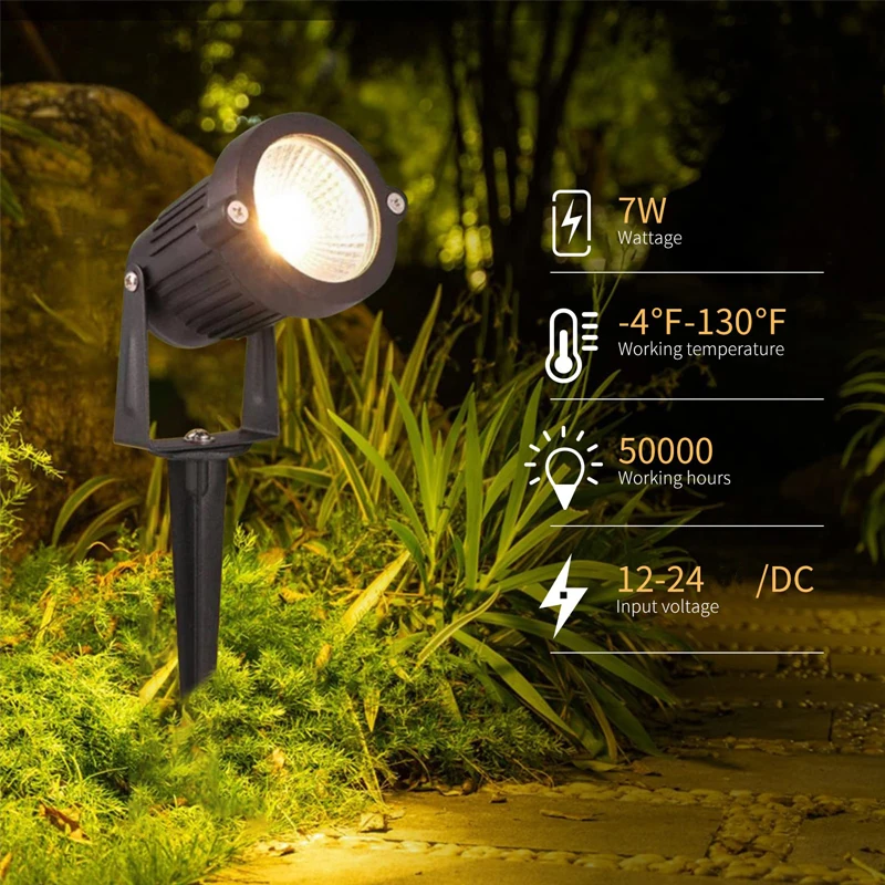 7W Low Voltage Landscape Light 12V LED Warm White Waterproof Outdoor Spotlight Garden Path Tree Lawn Light (8pcs with Connector)