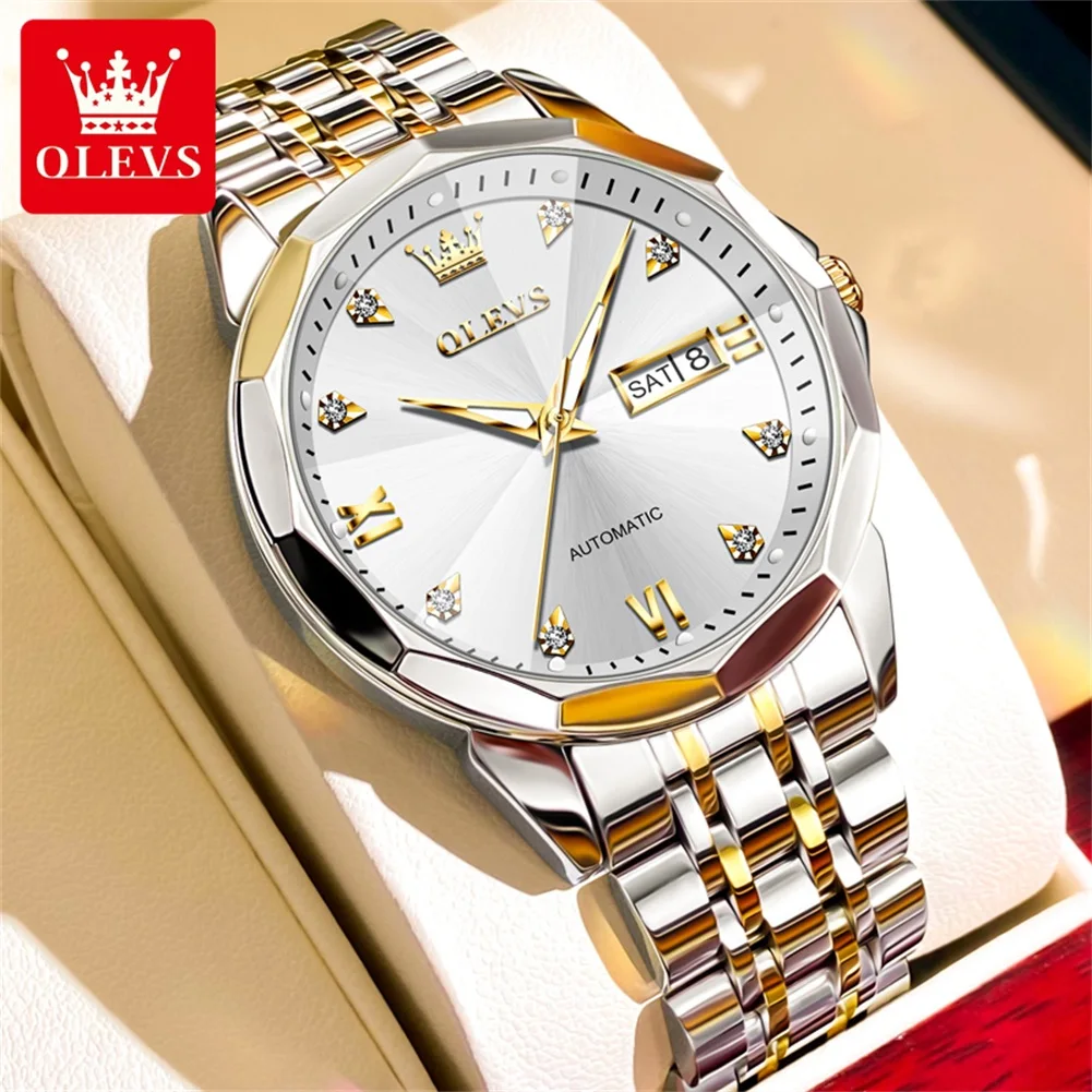 

OLEVS 9982 Classic Men's Watch Dual Calendar Display Luxury Diamond Watch Automatic Mechanical Watch for Men