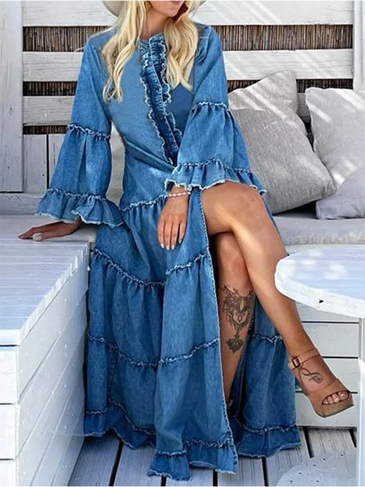 Plus Size Denim Dress Women Autumn Dress Female Casual Ruffle Split Tiered Maxi Dress Solid Color Flare Sleeve Vestidos Femmes