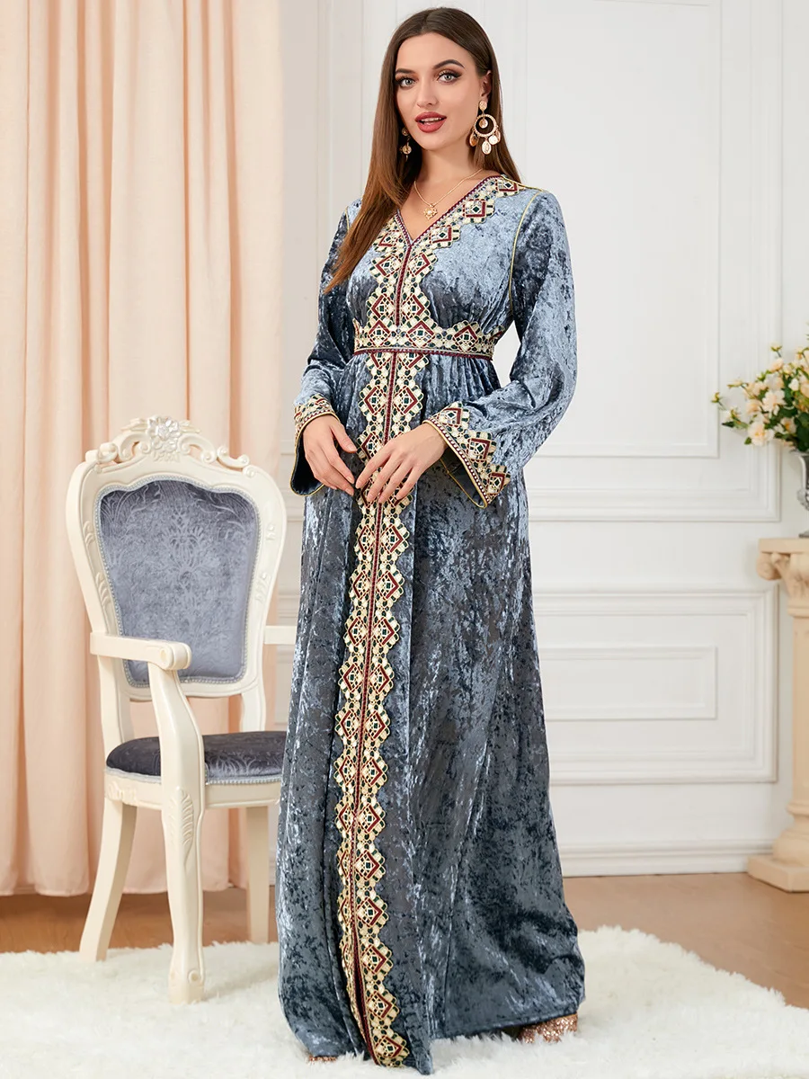 Nhung Hồi Giáo Đầm Nữ Abaya Thêu Maroc Đầm Dự Tiệc Mùa Đông Làm Dày Chia Abayas Dài Hồi Giáo Nhĩ Kỳ Tiếng Ả Rập Dài Áo Dây