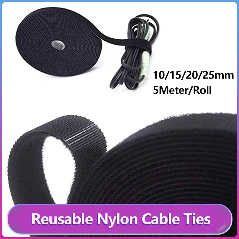 Black Width 10/15/20/25mm Cable Organizer 5M/Roll USB Cable Winder Management Nylon Free Cut Ties Mouse Earphone Cord Wire Tie