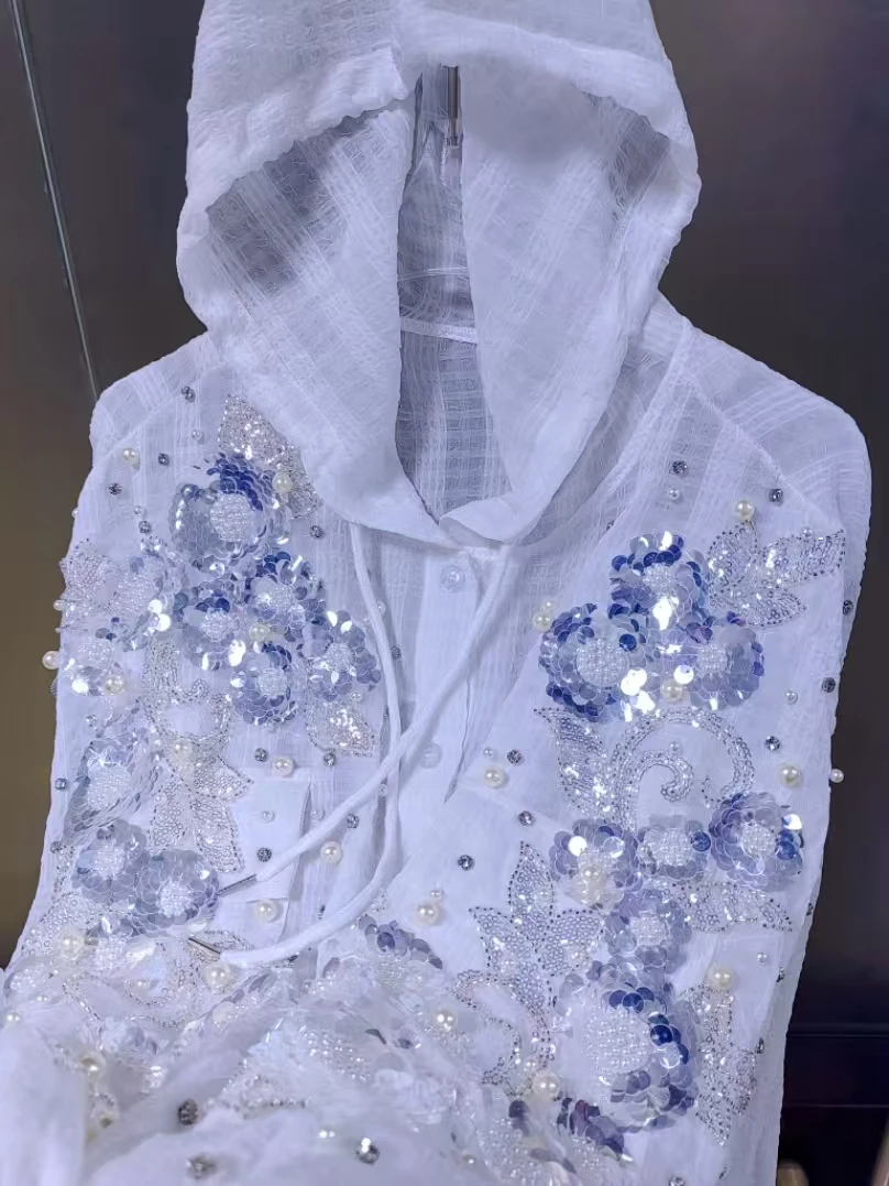 Luxus Stil Sparkle Strass Frauen Mit Kapuze Sommer Herbst Lose Beiläufige Sonnencreme Lange Shirts Blusen Dünne Oberbekleidung Tops