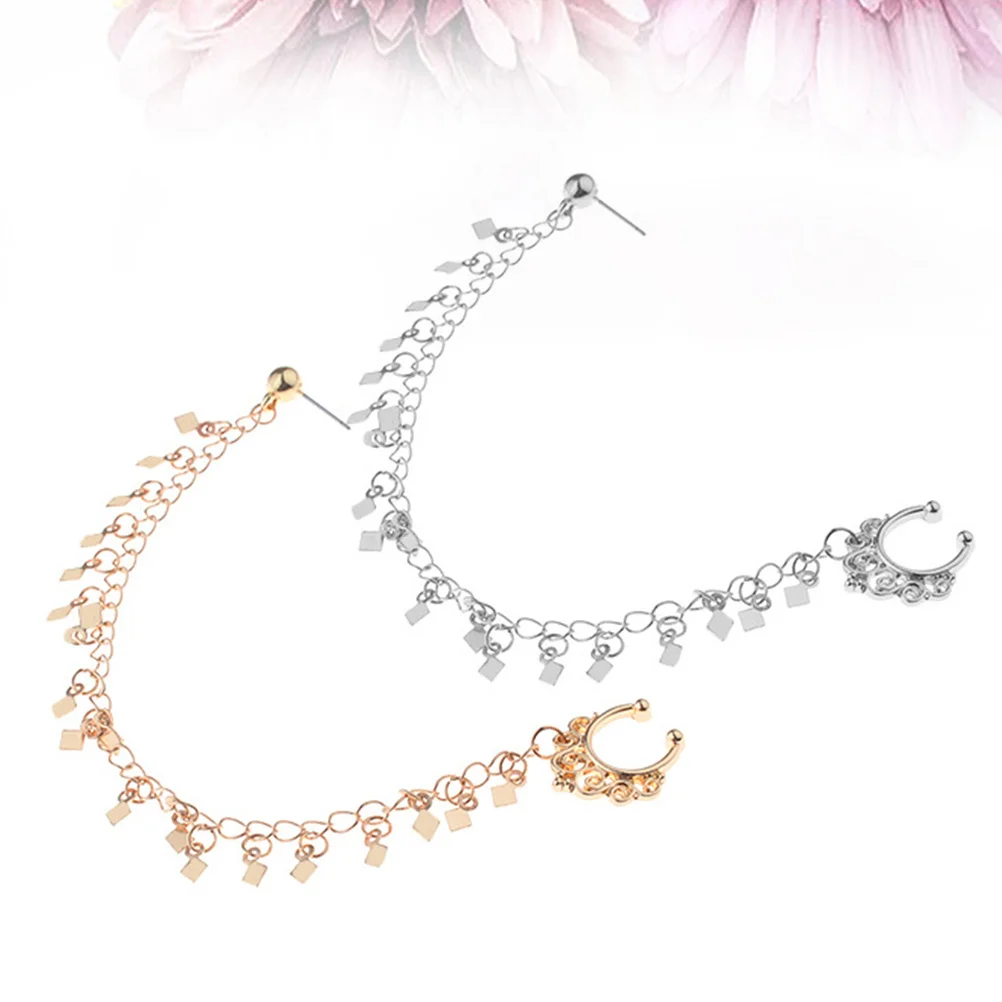 

2Pcs Rhombus Tassel Ear to Nose Chain Unique Structure Nose Clip Dangle Earrings Fine Workmanship Jewelry for Performance Party
