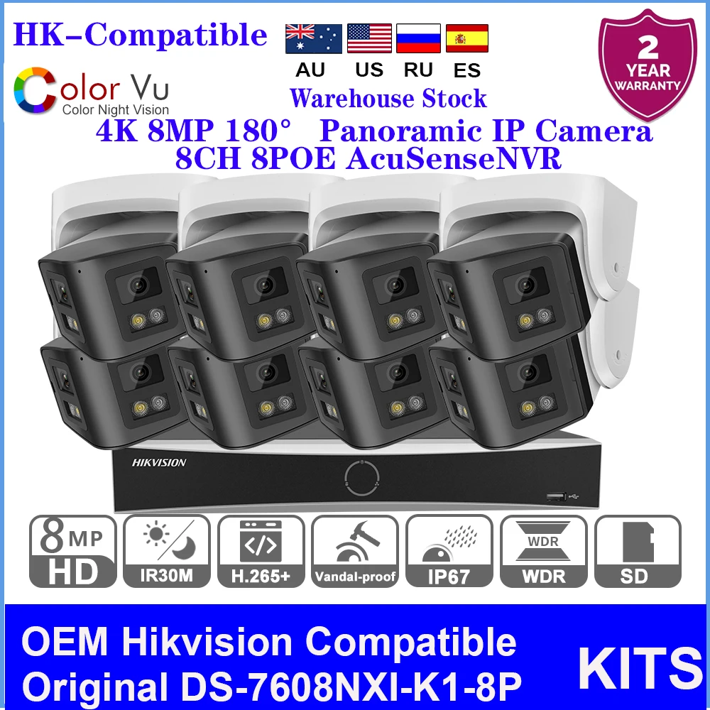 Hikvision Compatible 4K 8mp smart Dual Lights Two-way Talk Home CCTV 180° panoramic Security DS-7608NXI-K1-8P 8CH 8POE NVR KITS