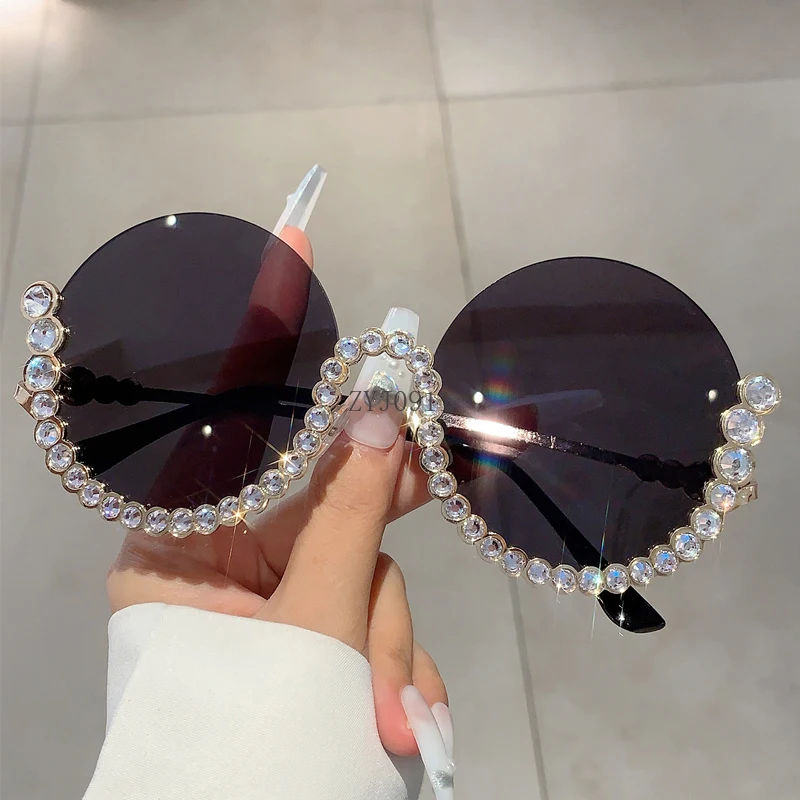 *Y2k Round Sunglasses Stylish Vintage Semi-rimless Women Shades with Rhinestones Ins Trendy Gradient Ocean Lenses Eyewear