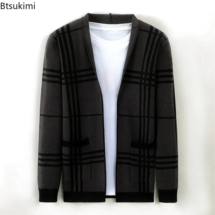 2024 Men's Fashion Knitted Cardigan Jacket Korean Style Striped Slim Fit Sweater Coats Simple Men's Casual Clothing Blazer Tops