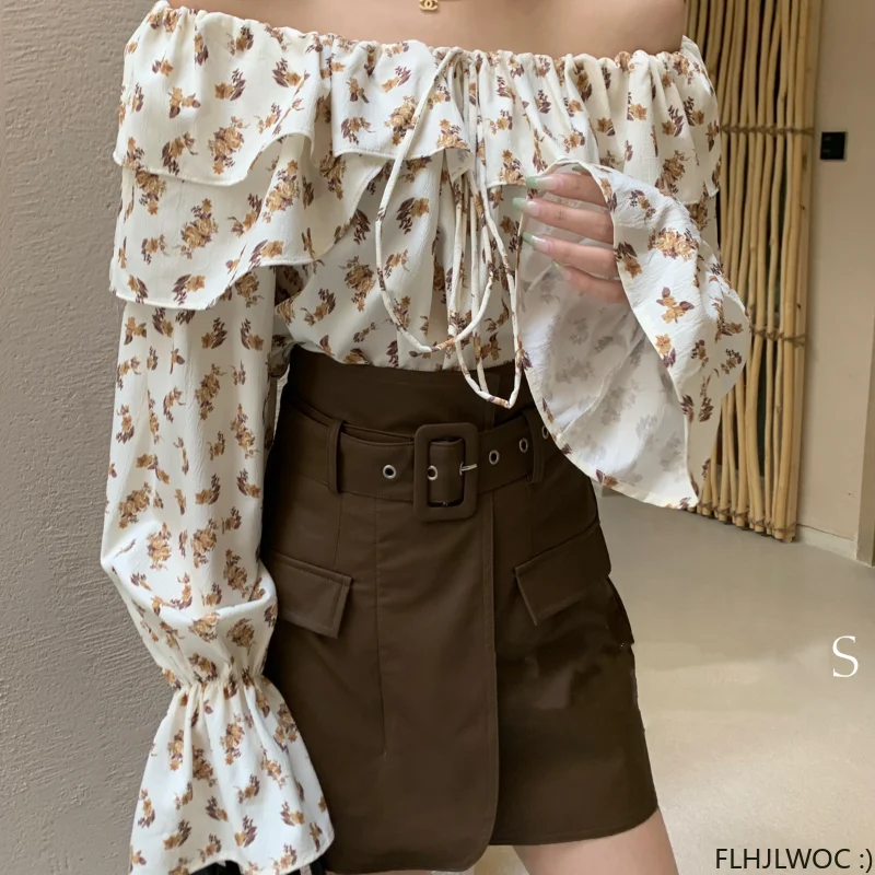 2023 New Hot Woman Chic Korea Japan Girls Sexy Shirts Blouses Floral Print Retro Bow Tie Ruffles Off Shoulder Tops