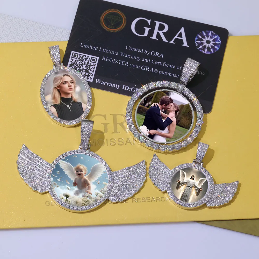 ICEBLING Angel Wings Memory Moissanite Picture Pendant 925 Silver Moissanite Custom Photo Circle Chain Fine Jewelry