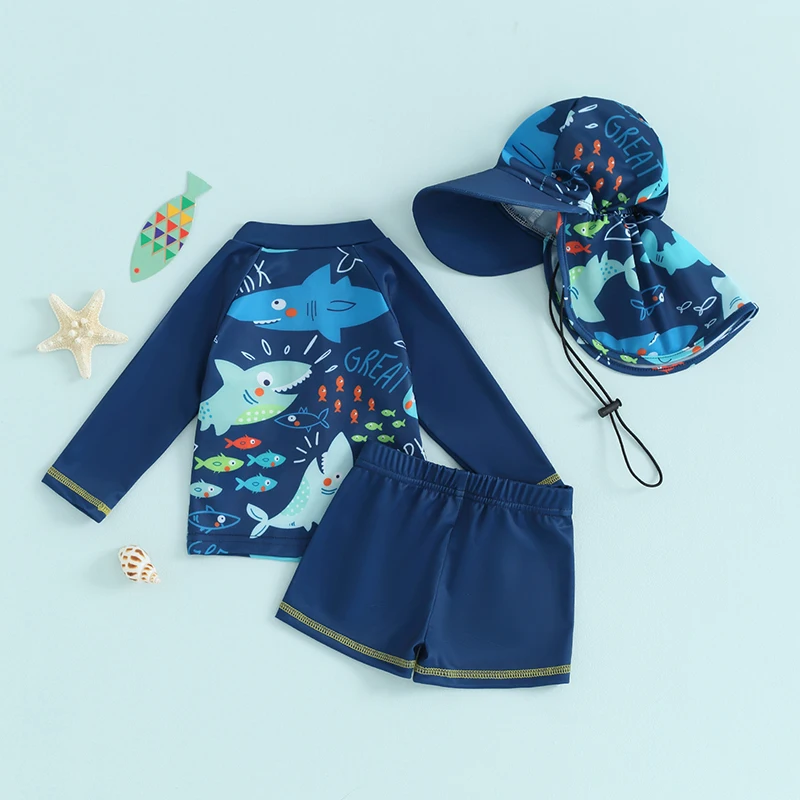 Kleinkind Baby Jungen Sommer Badeanzug Set Fisch druck Langarm Tops elastische Taille Badehose Hut Kinder 3 Stück Badeanzug