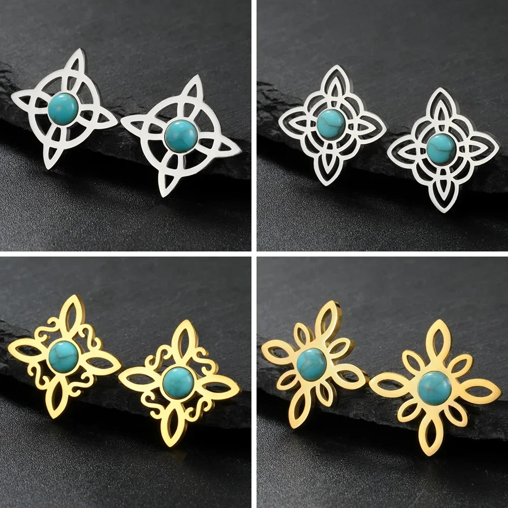 Skyrim Amulet Witch Knot Stud Earrings with Turquoise Stainless Steel Irish Celtics Knot Earring for Women Vintage Jewelry Gift