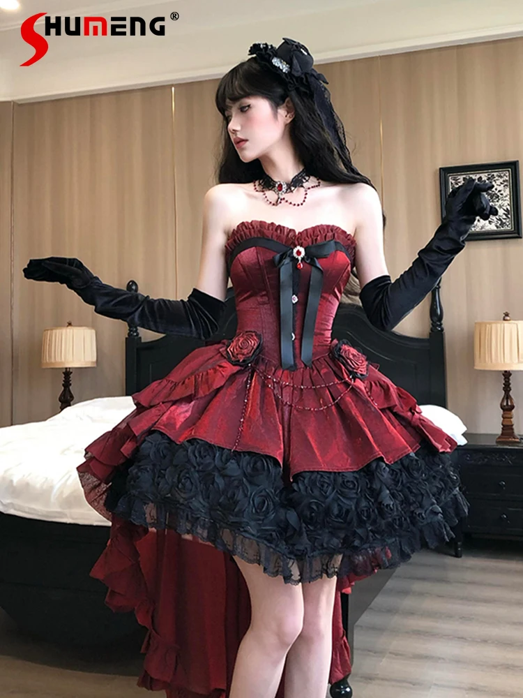 

Elegant Retro Gothic Princess Dresses Sleeveless Off-shoulder Bow 3D Flower Bead Chain High Waist Lolita Fluffy Mini Dress Women