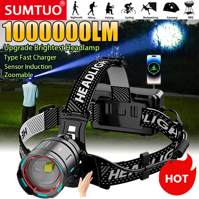 2024 Newest Powerful LED Headlamp 800W LED IR Sensor Rechargeable Headlight 3500M Super Bright Head Flashlight Fishing Lantern