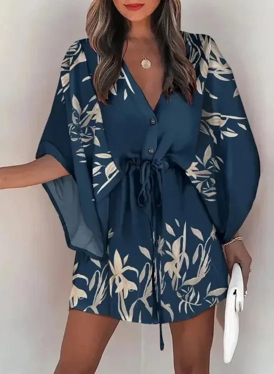 2025年アメリカ女性向けクロスボーダーサマー新作ファッションプリントVネックレースアップカジュアルバケーションワンピースファッショントップス7W2D