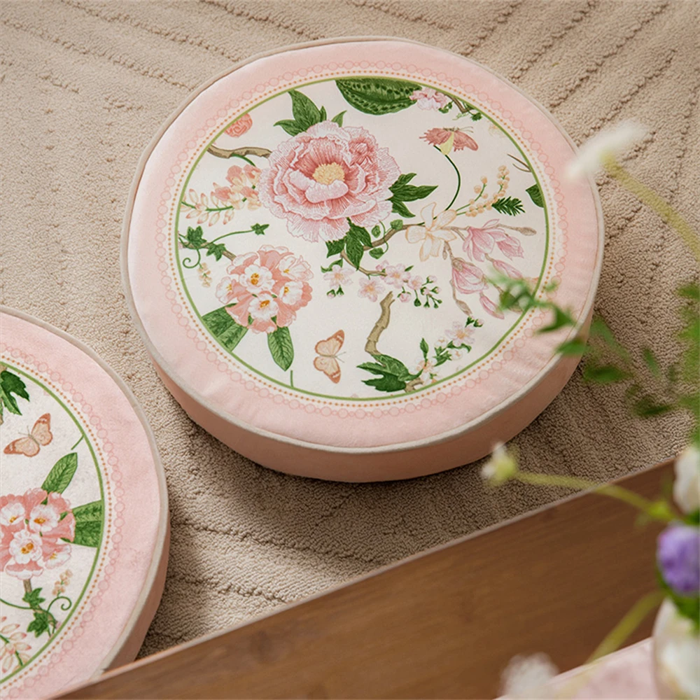 American Peony Futon Cushion Room Decoration Pink Chair Cushion Sponge Thickened Round Cushion Romantic Pastoral Style 40cmx5cm